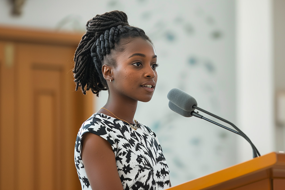 A young woman stood at a lectern giving a lecture