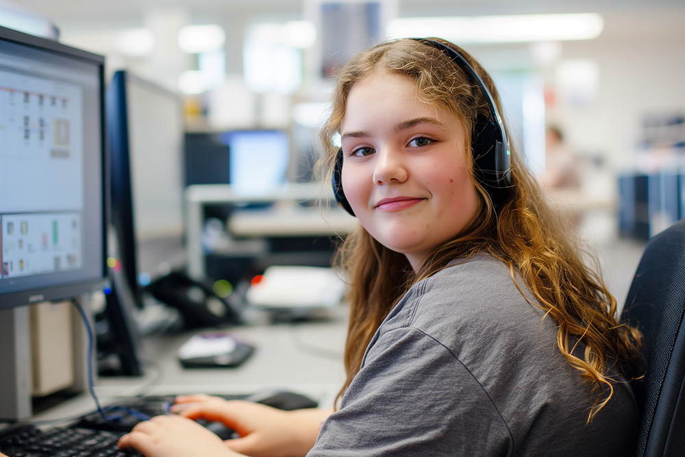 A female medical secretary wearing headphones sat a computer answering calls