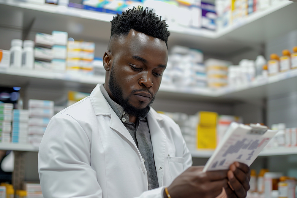 A pharmacist reading from a chart