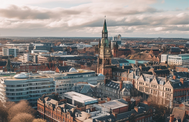 Arial photograph of buildings in Leeds