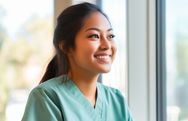 A woman smiling wearing scrubs